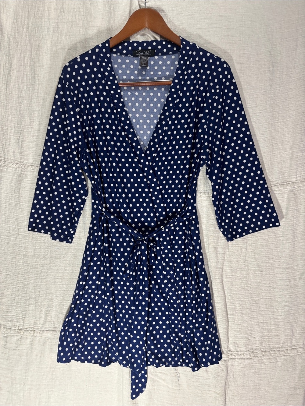 Rene Rofe Polka Dot Sleepwear Robe Size Large Navy Blue White Wrap EUC